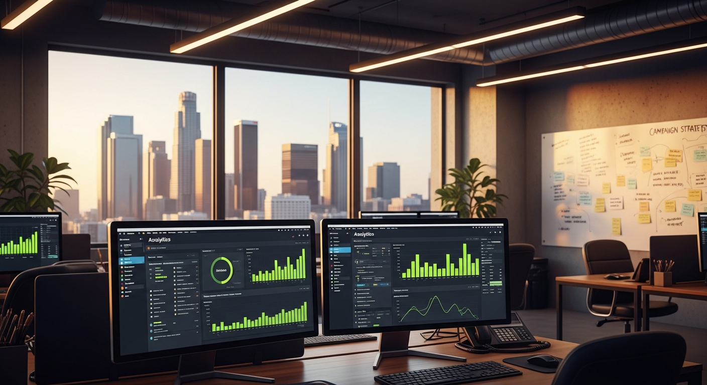 AI_IMAGE: Interior of a modern coworking office space in downtown Los Angeles with floor-to-ceiling windows showing the city skyline at golden hour. Two large monitors display analytics dashboards with lime-green charts. The space has a dark industrial aesthetic with concrete walls and warm ambient lighting. A whiteboard covered in campaign strategy notes is visible in the background. The mood is focused, professional, and aspirational. | photorealistic | landscape