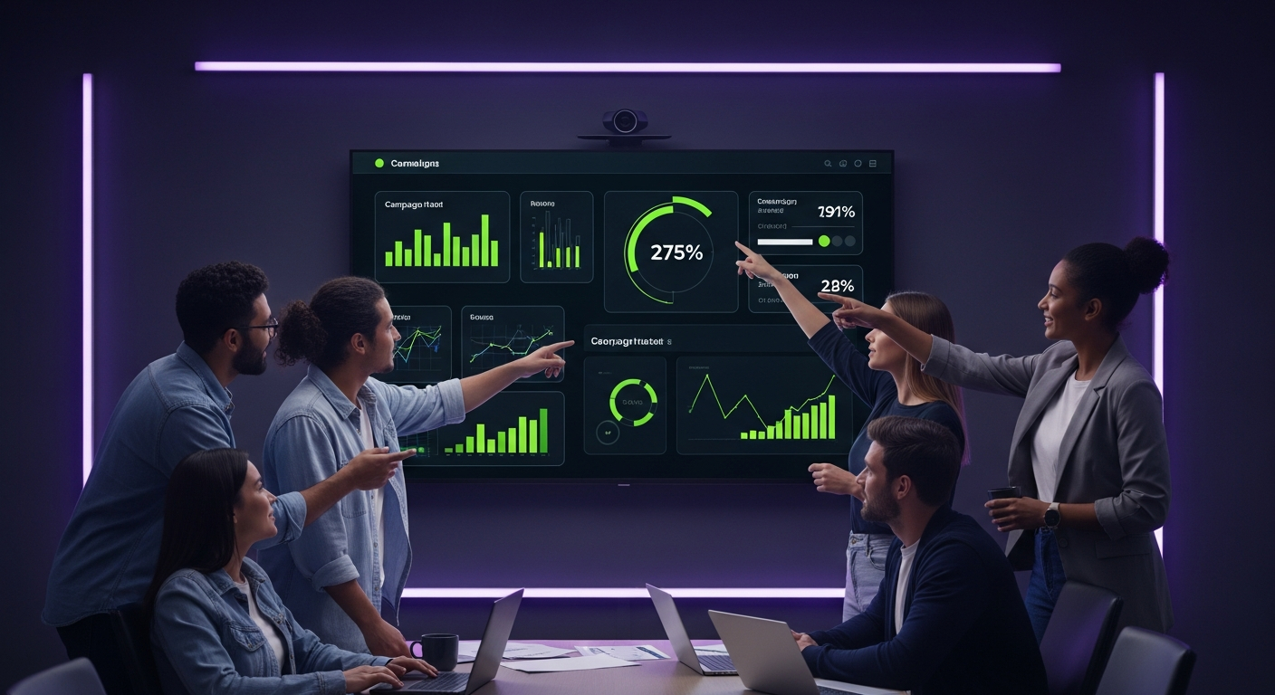 AI_IMAGE: A diverse team of four digital marketing professionals collaborating around a large screen in a modern dark-themed conference room. The screen shows colorful data visualizations and campaign metrics in lime-green and white on dark backgrounds. Team members are engaged and energetic, pointing at data points. The room has subtle purple ambient lighting and the atmosphere is collaborative and tech-forward. | photorealistic | landscape