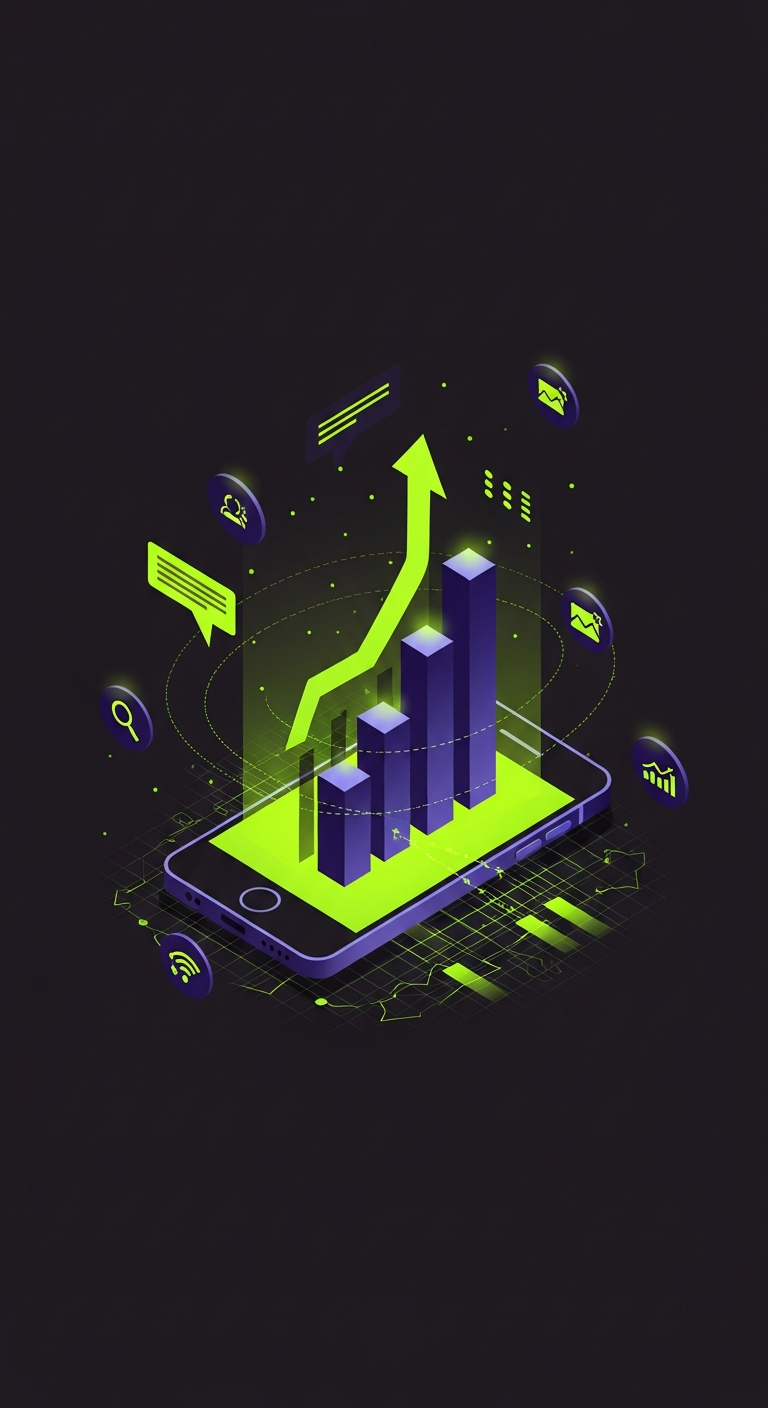 AI_IMAGE: A stylized isometric illustration on a deep charcoal background showing a glowing smartphone displaying an ascending bar chart in vivid lime-green and deep purple-blue colors, surrounded by floating data nodes, connection lines, and abstract network grid elements. Small icons representing search, social media, and analytics orbit the phone. The overall mood is futuristic, energetic, and tech-forward with a strong digital marketing theme. Clean vector-style rendering with subtle glow effects on the lime-green elements. | digital-art | portrait