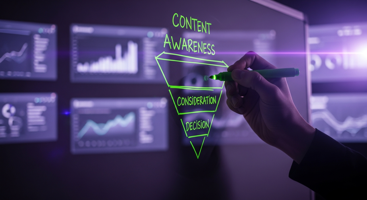 AI_IMAGE: A close-up of a hand writing on a whiteboard showing a content funnel diagram with stages labeled Awareness, Consideration, Decision in lime-green marker on a dark surface, with blurred analytics screens in the background casting purple ambient light | cinematic-moody | landscape