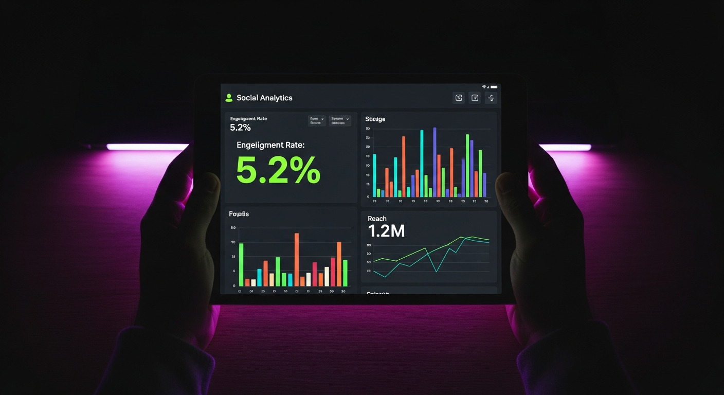 AI_IMAGE: A close-up of hands holding a tablet displaying social media analytics dashboards with colorful bar charts and engagement rate percentages in lime-green, photographed from above on a dark workspace with ambient purple backlighting | cinematic-moody | landscape